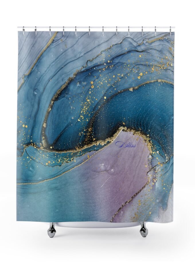 Elegant Abstract Shower Curtain with Gold Accents, Luxurious Bathroom Decor, Modern Coastal Theme, Gift for Homeowners