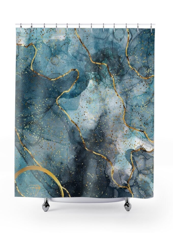 Elegant Abstract Shower Curtain, Boho Bathroom Decor, Blue Gold Home Accent, Gift for Her, Spa Vibes, Modern Interior