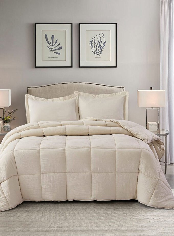 Queen Size Beige 3 Piece Microfiber Reversible Comforter Set
