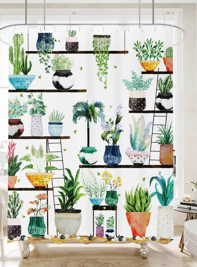 72-in. Watercolor Plants Botanical Floral Flower Pots Succulents Shower Curtain