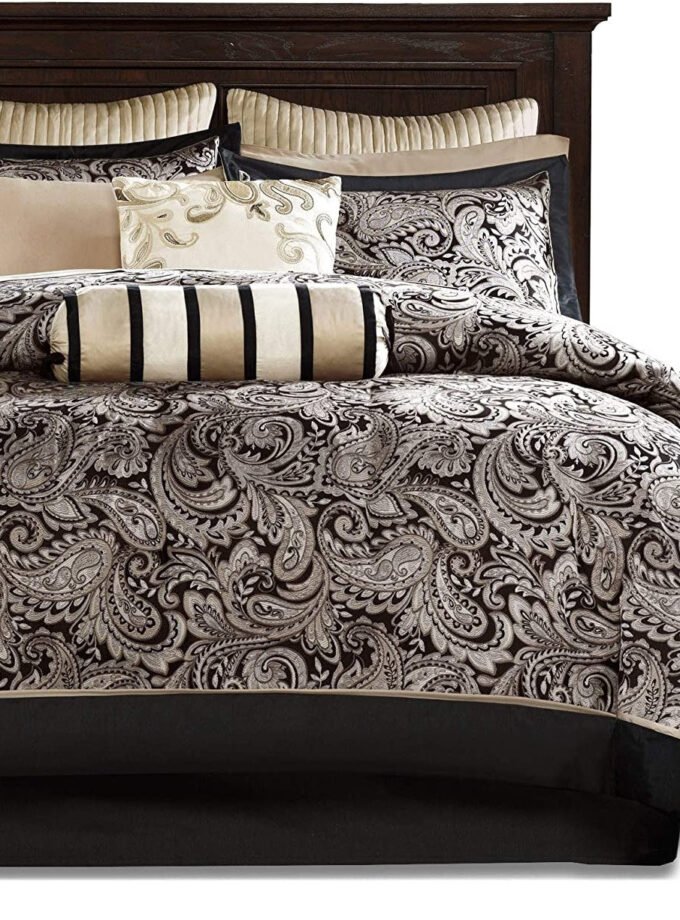 King 12 Piece Cotton Polyester Comforter Set Black Gold Paisley