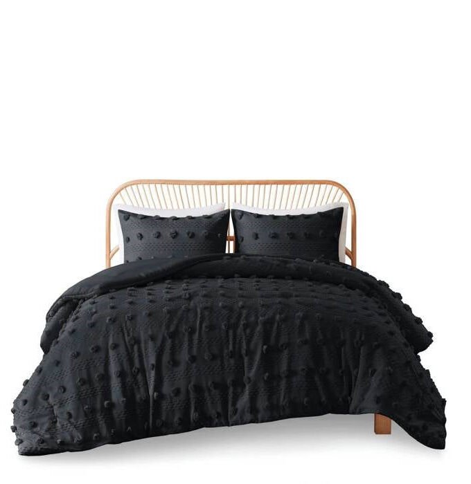 Full/Queen 3 Piece Pompom Microfiber Hypoallergenic Comforter Set in Black