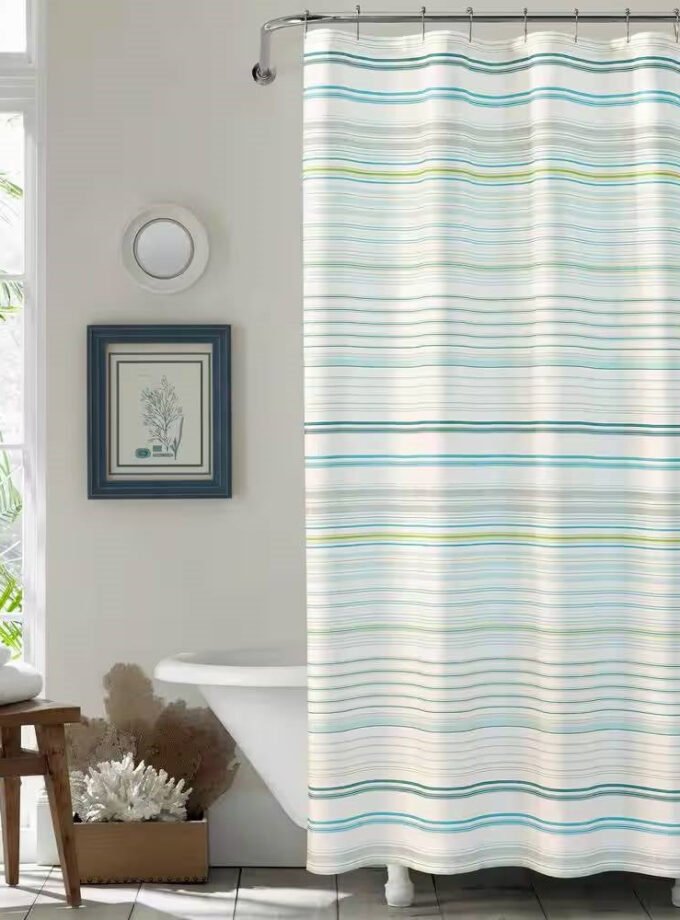 72-inch Sea Breeze Blue Green White Cabana Stripe Cotton Shower Curtain