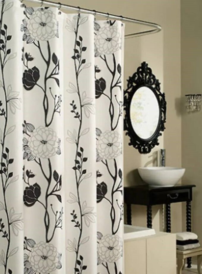 71-inch Boho Black and White Floral Flowers Polyester Fabric Shower Curtain