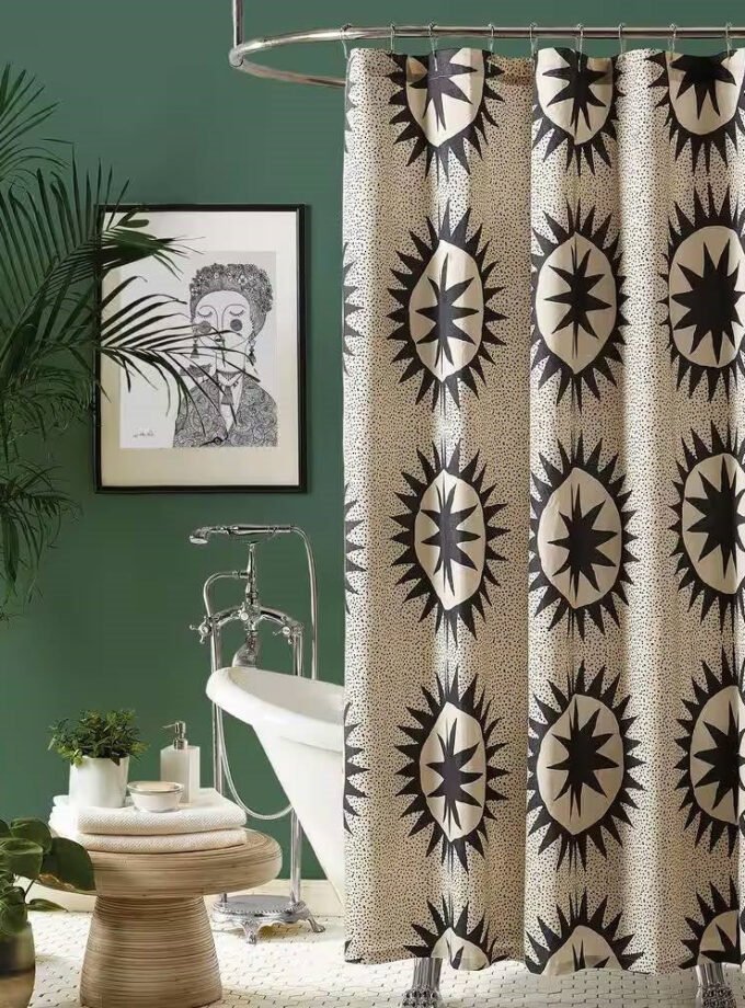 72 x 72 in. Cotton Poly Shower Curtain w/ Cream Brown Sun Star Medallion Pattern