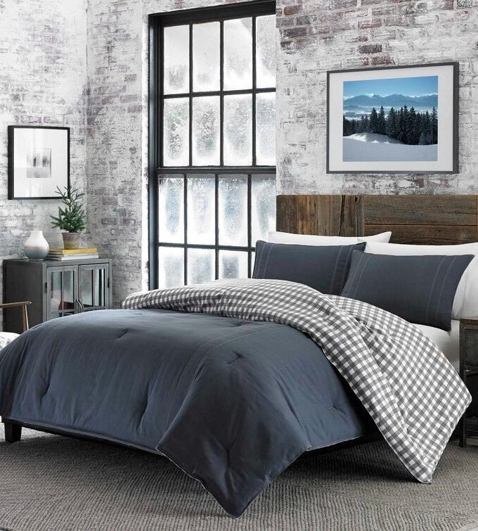Full/Queen size 100% Cotton Reverse Plaid Gray/White Comforter Set