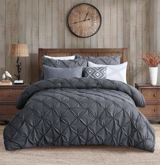 Full/Queen Size All Season Pleated Hypoallergenic Microfiber Reversible 3 Piece Comforter Set in Gray