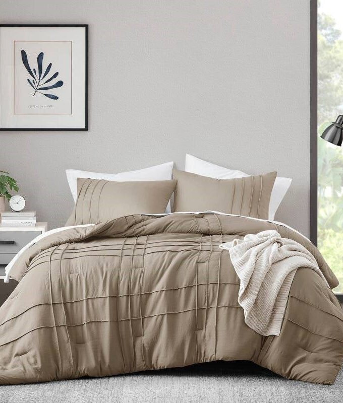 Twin/Twin XL Microfiber Pleated Soft Lightweight Comforter Set Tan Khaki