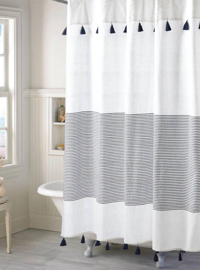 72-inch Navy and White Stripes Cotton Shower Curtain