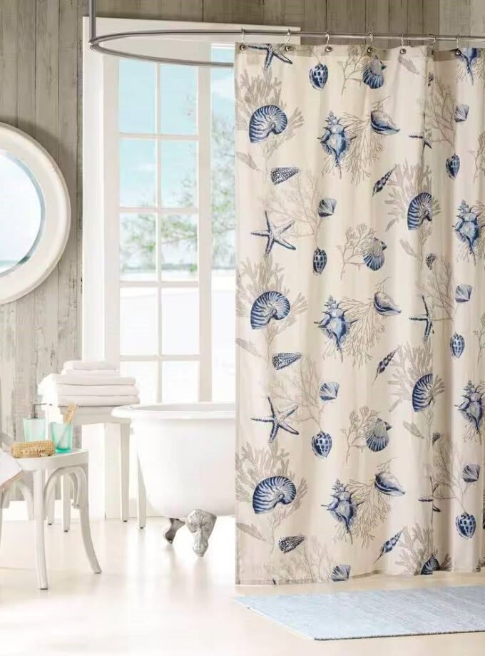 72-in Khaki Beige Cotton Shower Curtain Navy Blue Seashells Coral Coastal Beach