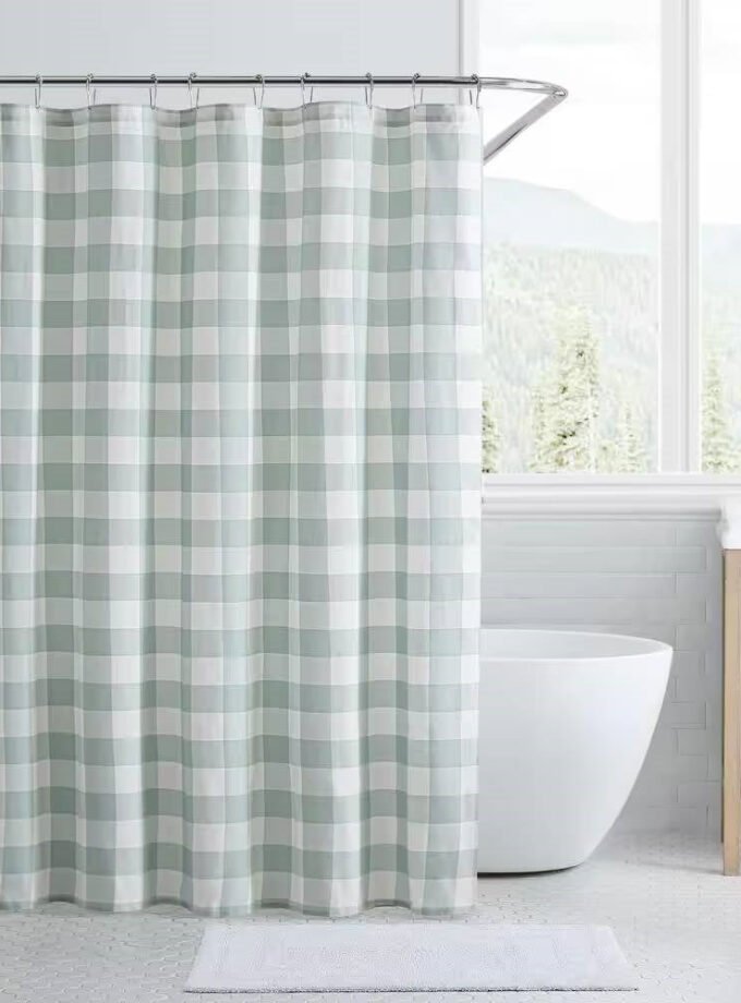 72-inch 100-Percent Cotton Fabric Shower Curtain with Green White Plaid Pattern