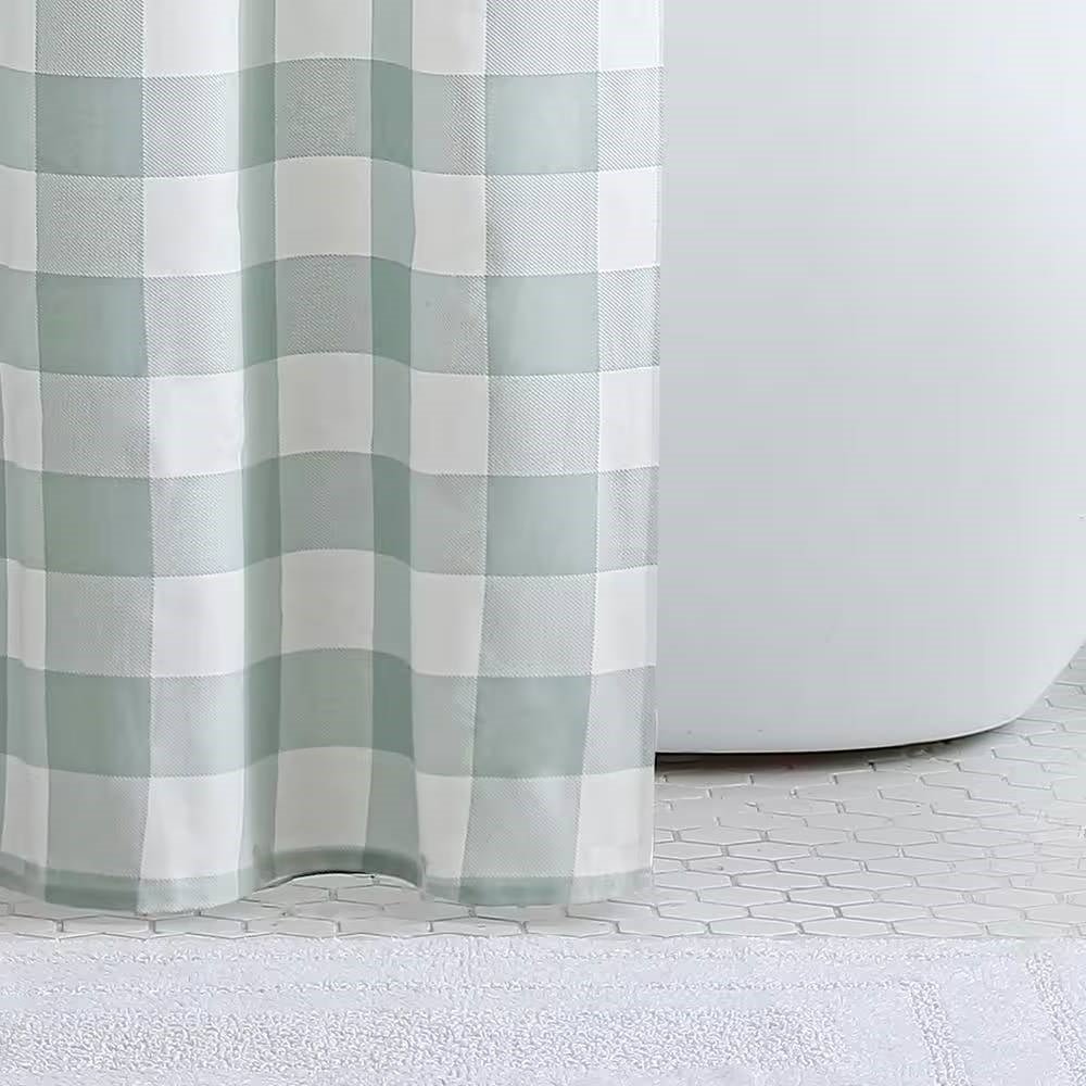 72-inch 100-Percent Cotton Fabric Shower Curtain with Green White Plaid Pattern - Image 2