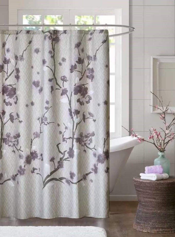 72 x 72 in Cotton Shower Curtain with Purple Grey Beige Floral Blossom Pattern