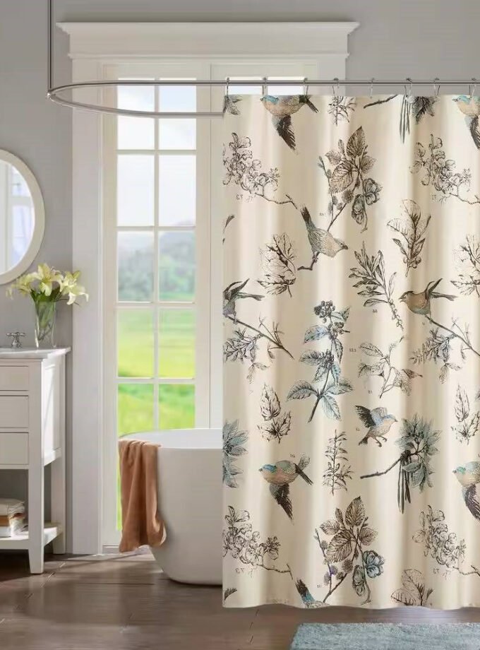 72-inch Beige Khaki Cotton Shower Curtain with Vintage Birds Leaf Floral Print