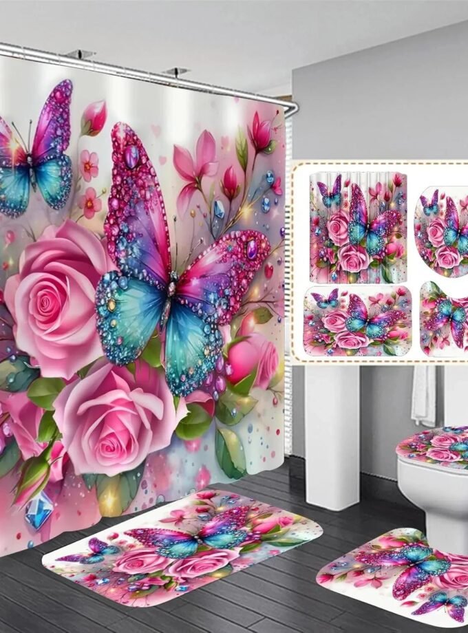 4Pc Pink Glitter Floral Shower Curtain Set Rose Bathroom Sets Butterfly Diamond Shower Curtain with 12 Hooks Bathroom Decor with