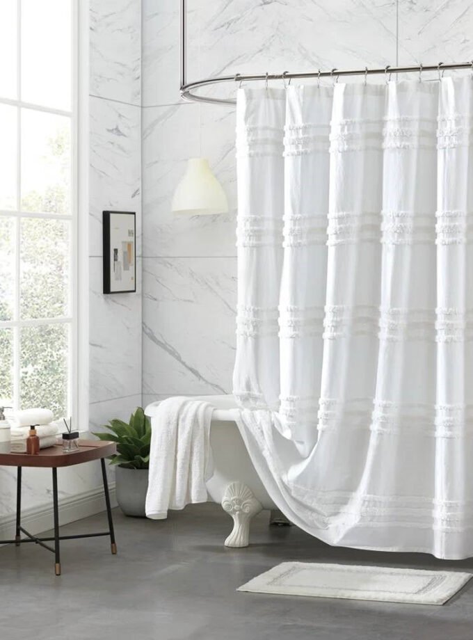 72-inch White Cotton Chenille Stripe Shower Curtain - Machine Washable